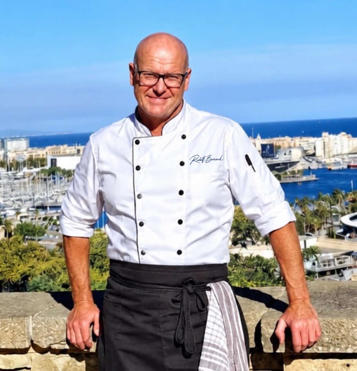 Rudi in his white chef's jacket by the Mediterranean harbour