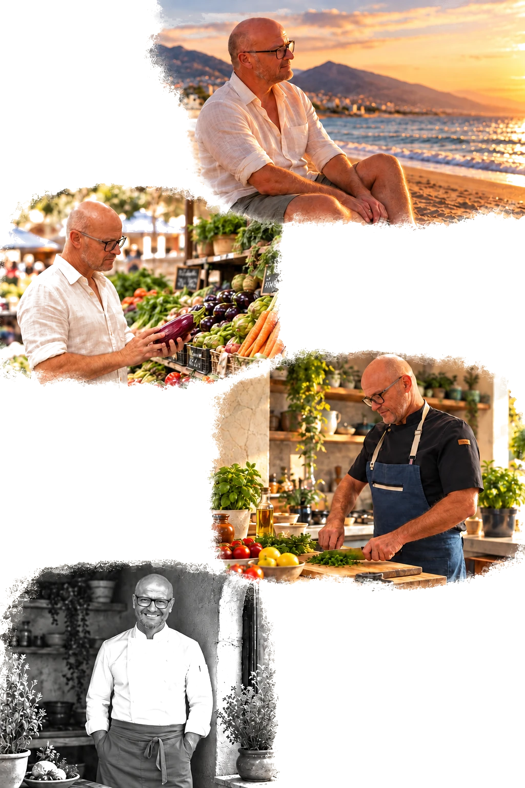 Rudi seated by the Mediterranean at sunset; Rudi choosing fresh vegetables at the market; Rudi cooking in a Mediterranean home kitchen; Black-and-white portrait of Rudi smiling